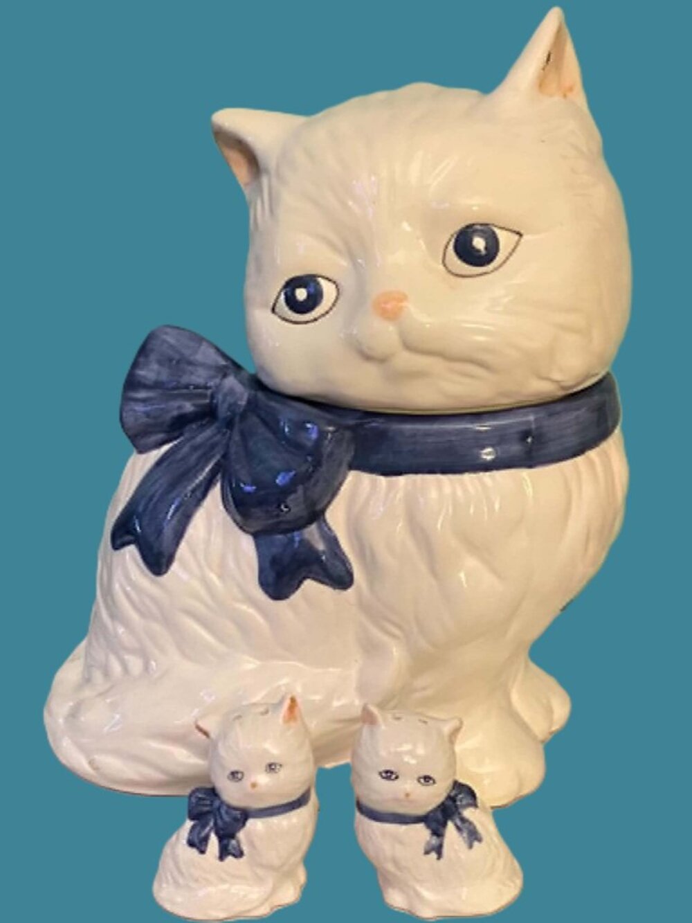 Vintage Ceramic White Cat Cookie Jar & Salt Pepper Shakers Blue Bow 3 Pc Set